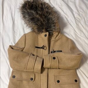 Tan Coat with Faux Fur Hood